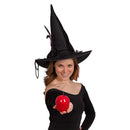 Deluxe Pointed Witch Hat - Glamorous Black Witches Accessories Fancy Velvet Hat with Flowers, Beads and Purple Feathers