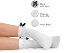 White Ruffled Anklet Socks - Frilly White Opaque Lace Ruffles Top Trim Bobby Sock With Black Satin Back Bow