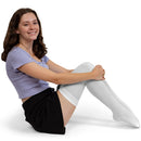 Bow Accent Thigh Highs - White Over the Knee High Stockings with Black Satin Ribbon Bow Accent for Women and Girls
