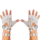 Fingerless Faux Leather Gloves - White Biker Punk Gloves with Belt Up Closure and Rivet Design for Women and Kids