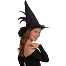 Deluxe Pointed Witch Hat - Glamorous Black Witches Accessories Fancy Velvet Hat with Flowers, Beads and Purple Feathers
